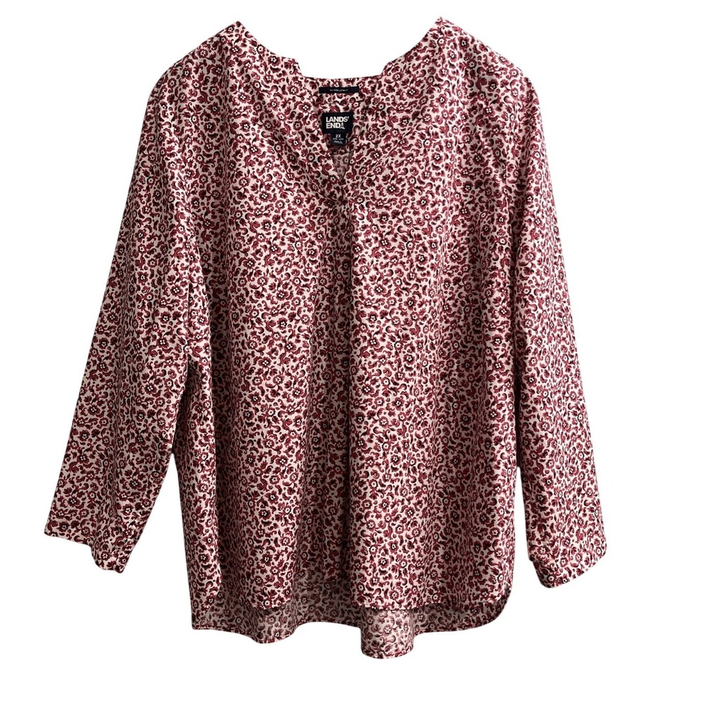 Lands End Top No Iron Supima Cotton Red Floral Popover‎ 2X Tunic Casual Travel